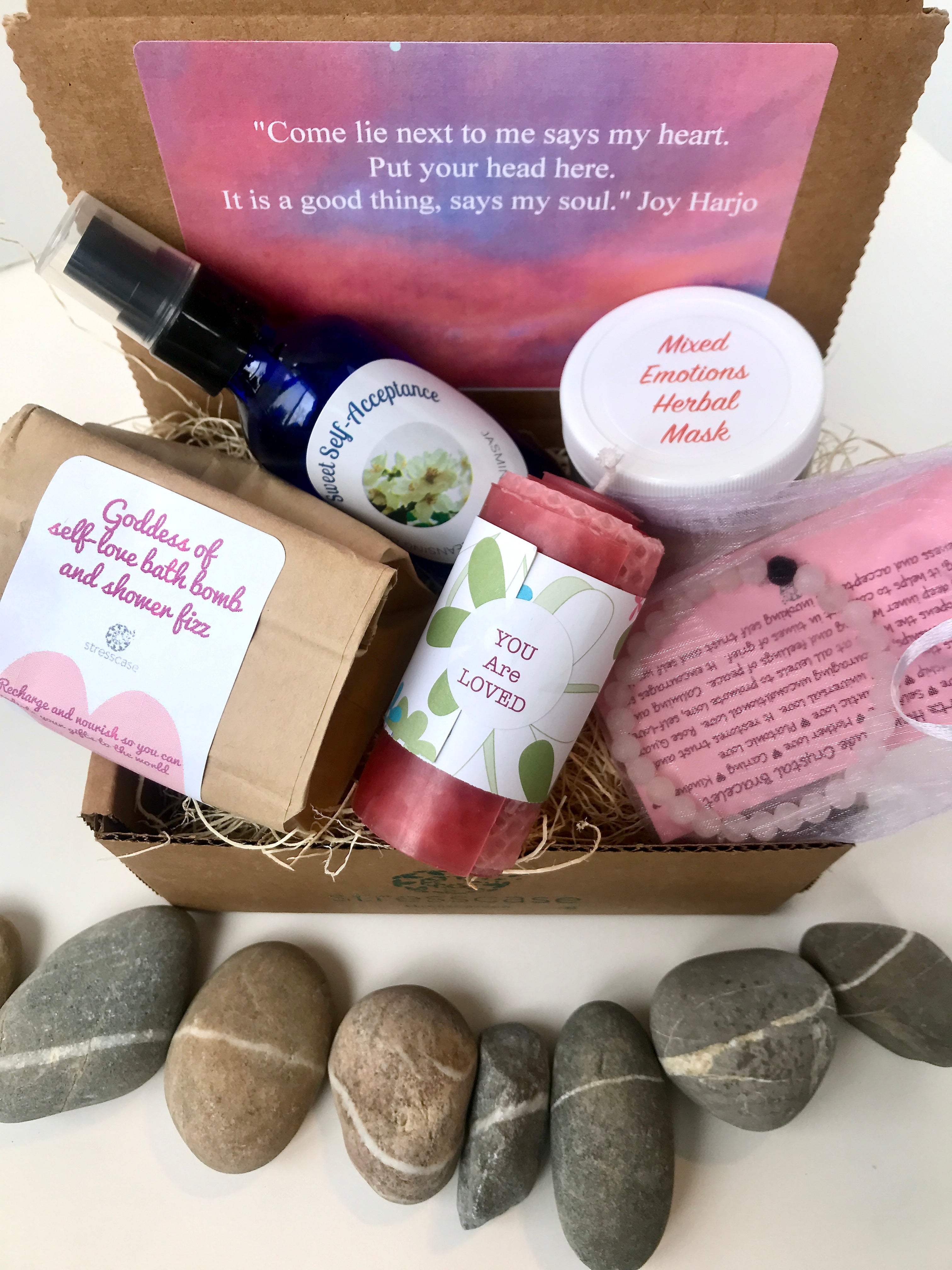 Goddess of Self-Love gift box promoting self-love containing natural cruelty-free personal spa and self care products for women.
