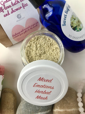 Mixed Emotions Herbal Mask creates a velvety result after use.  This mask contains no clay and is extremely gentle on your skin, and can be used as a hair mask or a beard mask as well.  This mask can be used by adding water, oil or honey to mix into a thin paste.