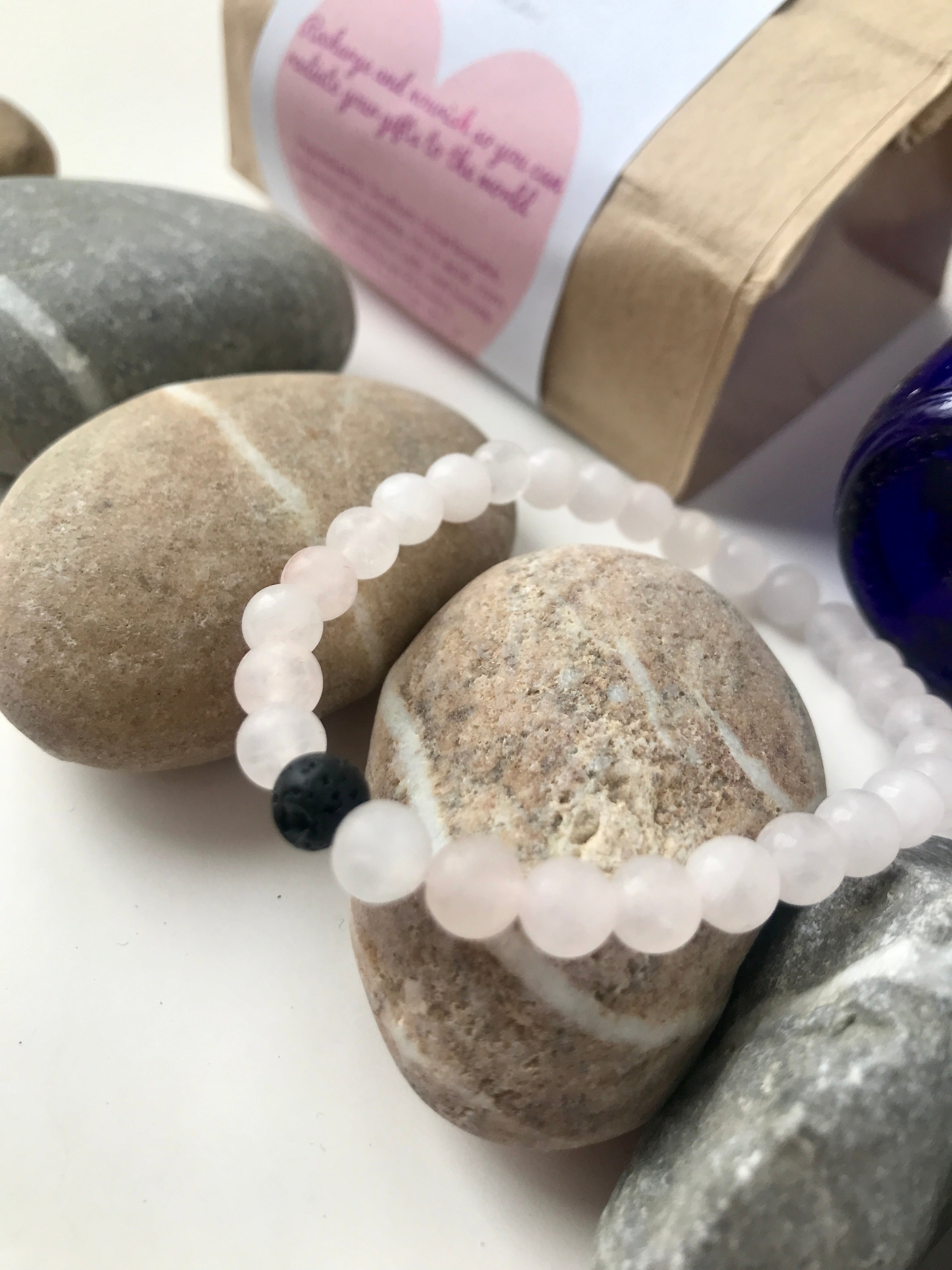 Rose Quartz beaded bracelet hand made in Calgary Alberta by Stresscase.  Rose Quartz is the crystal that promotes and inspires self-love.