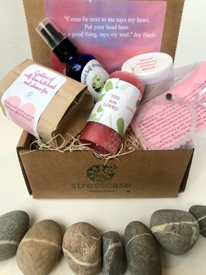 Self-care gift basket by Stresscase this is the Goddess of Self-Love self-care Kit containing cruelty-free natural hand made personal care products to promote mental and emotional well-being.