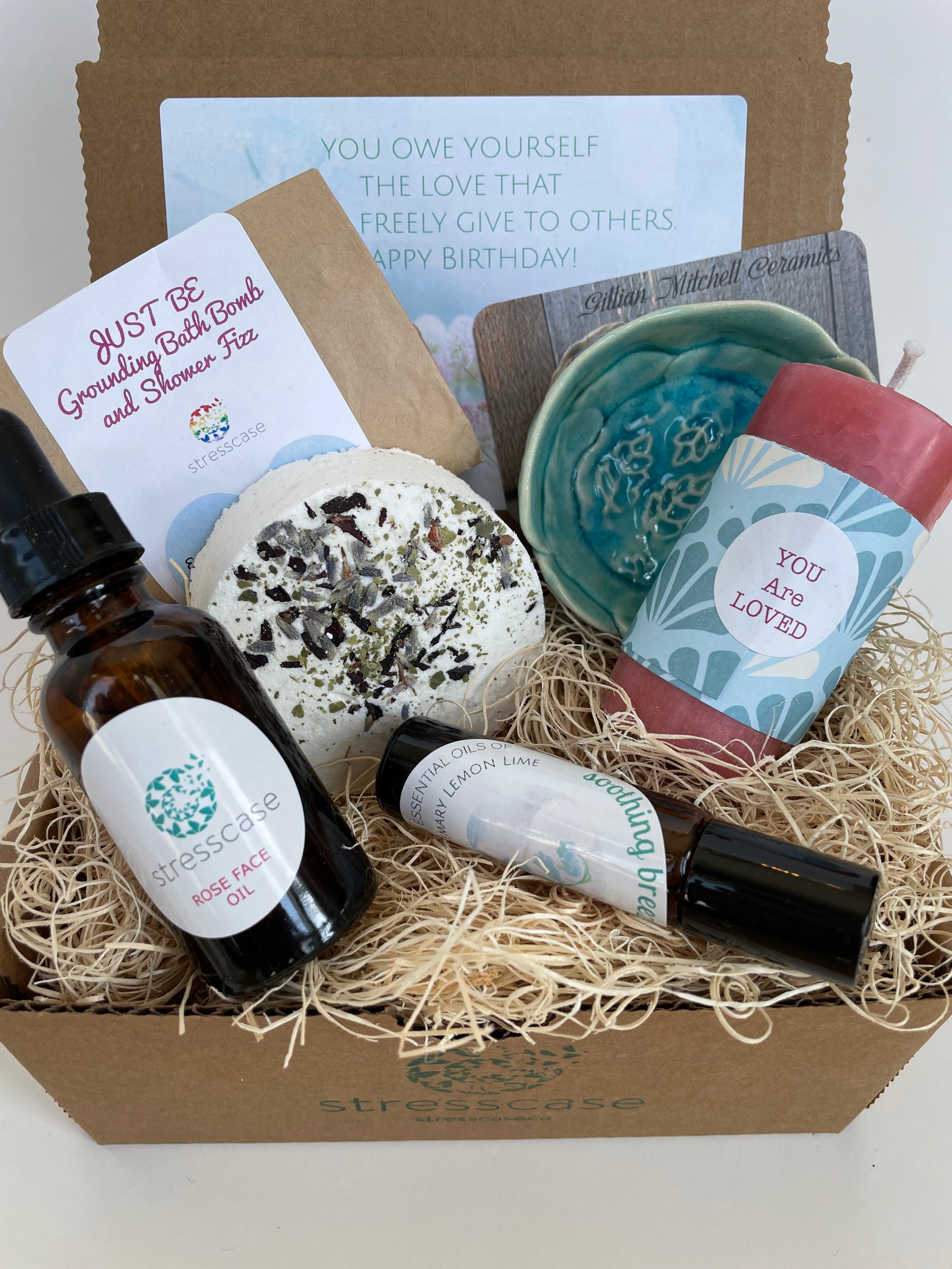 self-care kit locally curated in Alberta gift basket for mental health anxiety and stress relief.